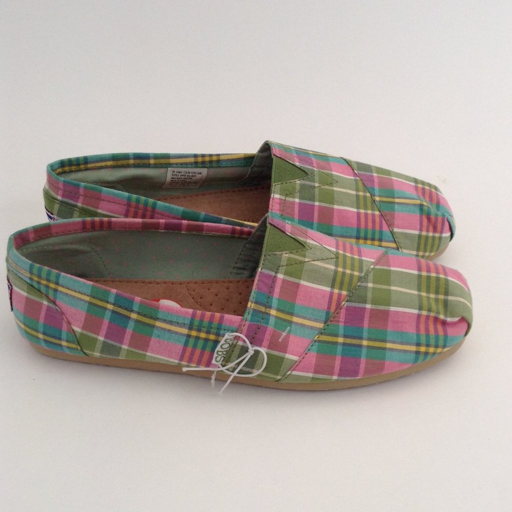 BOBS By Skechers Pink Green Yellow Plaid Slip On Shoes Flats.